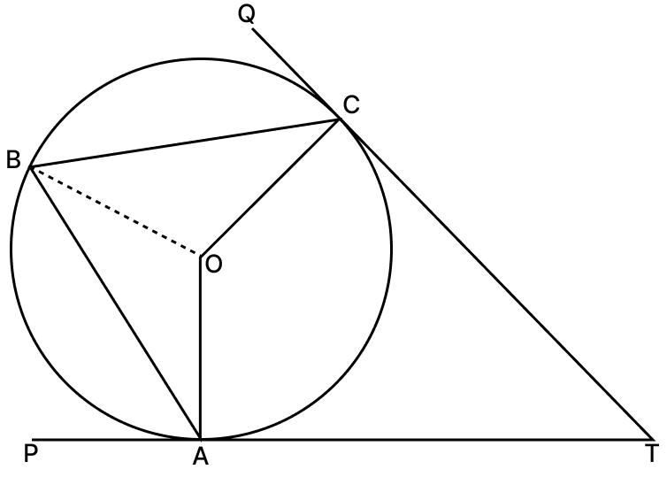 In the given figure, TP and TQ are two tangents to the circle with centre O, touching at A and C respectively. If ∠BCQ = 55° and ∠BAP = 60°, find : Tangent Properties of Circles, RSA Mathematics Solutions ICSE Class 10.