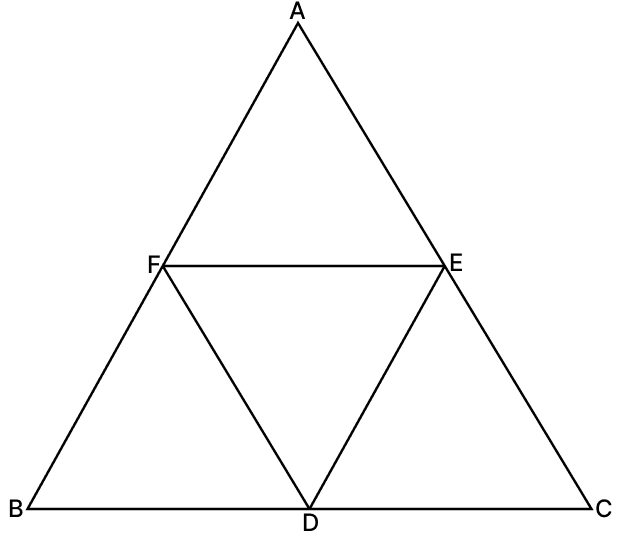 In the given figure, D, E and F are the mid-points of the sides BC, AC and AB respectively of ΔABC. Then which of the following does not hold true? Similarity of Triangles, RSA Mathematics Solutions ICSE Class 10.