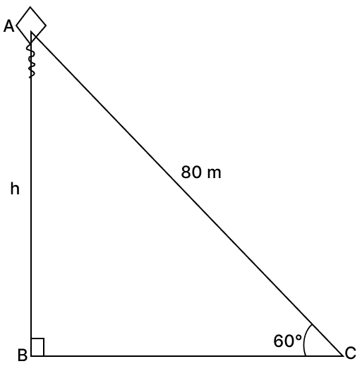 A kite is flying with a thread 80 m long. If the thread is assumed stretched straight and makes an angle of 60° with the horizontal, find the height of the kite above the ground. Volume And Surface Area of solid RSA Mathematics Solutions ICSE Class 10.