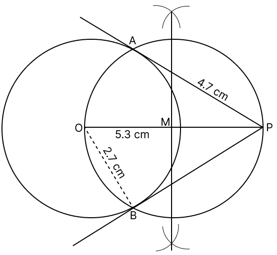 Draw a circle of radius 2.7 cm. Mark its centre as O. Take a point P at a distance of 5.3 cm from O. From the point P, draw two tangents to the circle. Measure the length of each. Tangent Properties of Circles, RSA Mathematics Solutions ICSE Class 10.