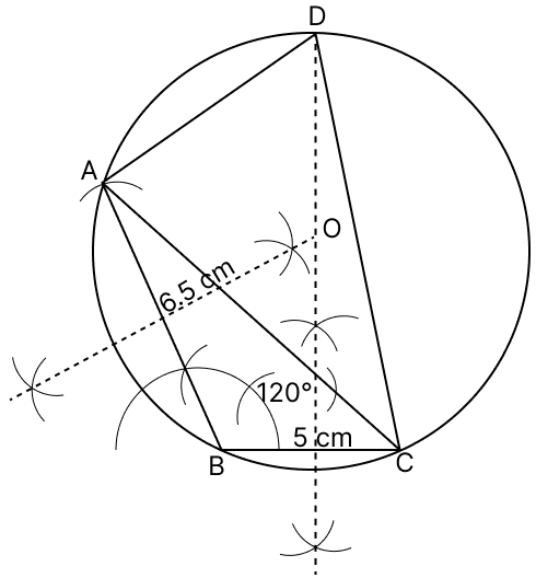 Construct a ΔABC in which BC = 5 cm, AB = 6.5 cm and ∠ABC = 120°. Tangent Properties of Circles, RSA Mathematics Solutions ICSE Class 10.