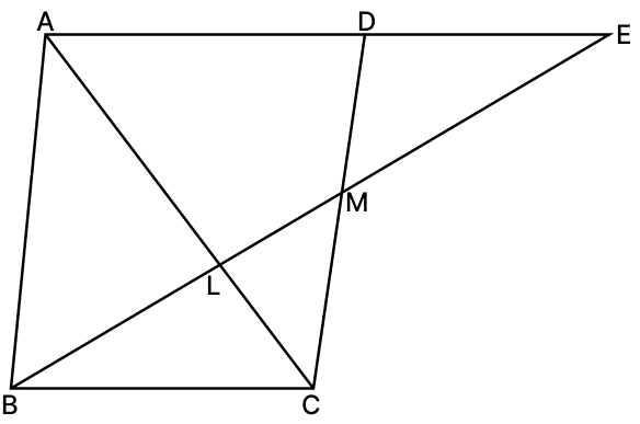 Through the mid-point M of the side CD of a ∥gm ABCD, the line BM is drawn, intersecting AC on L and AD produced in E. Similarity of Triangles, RSA Mathematics Solutions ICSE Class 10.