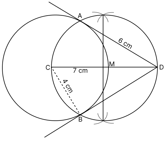 Draw a circle of radius 4 cm. Mark its centre as C and mark a point D such that CD = 7 cm. Using ruler and compasses only but not using the centre of the circle, construct two tangents from D. Tangent Properties of Circles, RSA Mathematics Solutions ICSE Class 10.