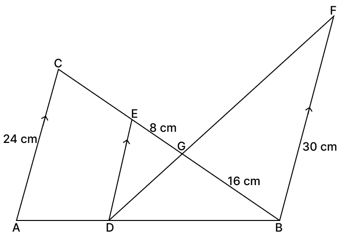In the given figure, AC ∥ DE ∥ BF. If AC = 24 cm, EG = 8 cm, GB = 16 cm, BF = 30 cm. Similarity of Triangles, RSA Mathematics Solutions ICSE Class 10.