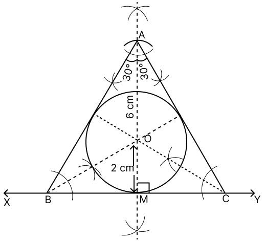 Using ruler and compasses only, draw an equilateral triangle of height 6 cm and draw its inscribed circle. Measure the radius of the circle. Tangent Properties of Circles, RSA Mathematics Solutions ICSE Class 10.
