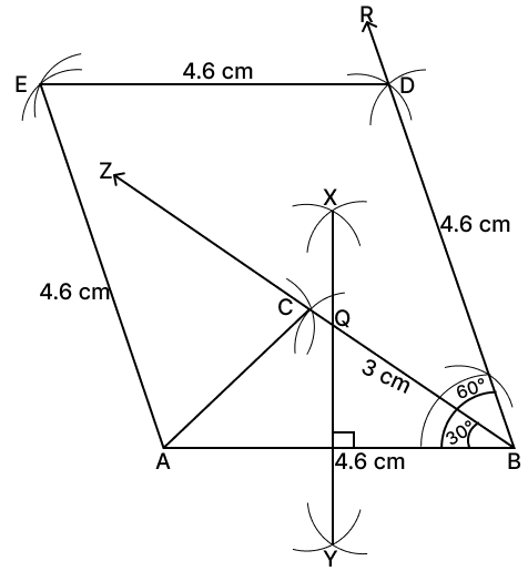Using ruler and compasses only, construct a ΔABC such that AB = 4.6 cm, BC = 3 cm and ∠ABC = 30°. Complete the rhombus ABDE such that C is equidistant from AB and BD. Locate the point Q on BC such that Q is equidistant from A and B. Loci, RSA Mathematics Solutions ICSE Class 10.