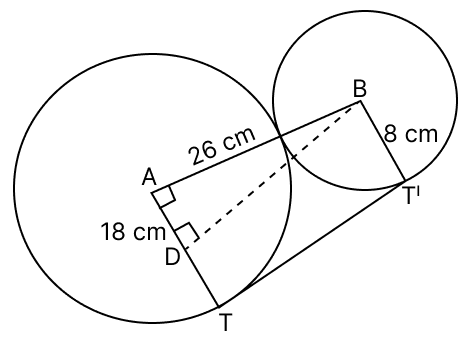 Two circles of radii 18 cm and 8 cm touch externally. Find the length of a direct common tangent to the two circles. Tangent Properties of Circles, RSA Mathematics Solutions ICSE Class 10.
