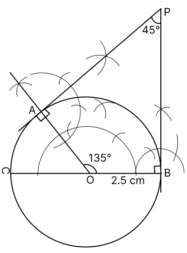 Draw a circle of radius 2.5 cm. Draw two tangents to it inclined at an angle of 45° to each other. Tangent Properties of Circles, RSA Mathematics Solutions ICSE Class 10.