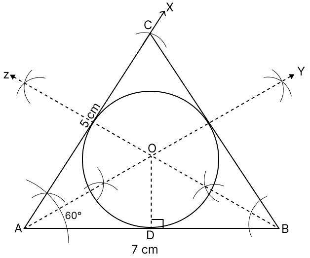 Using a ruler and a compass construct a triangle ABC in which AB = 7 cm, ∠CAB = 60° and AC = 5 cm. Construct the locus of: Tangent Properties of Circles, RSA Mathematics Solutions ICSE Class 10.