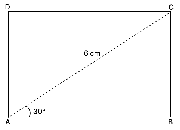 In a rectangle, if the angle between a diagonal and a side is 30° and the length of the diagonal is 6 cm, then the area of the rectangle is : Volume And Surface Area of solid RSA Mathematics Solutions ICSE Class 10.