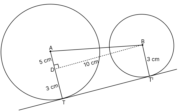 Two circles of radii 8 cm and 3 cm have a direct common tangent of length 10 cm. Find the distance between their centres, up to two places of decimal. Tangent Properties of Circles, RSA Mathematics Solutions ICSE Class 10.