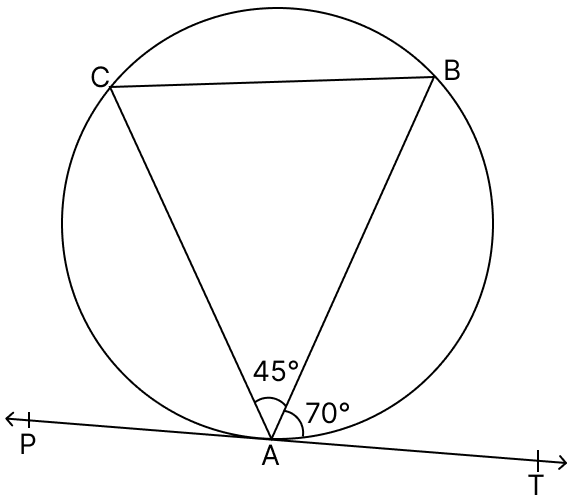 In the given figure, PAT is tangent at A. If ∠TAB = 70° and ∠BAC = 45°, find ∠ABC. Tangent Properties of Circles, RSA Mathematics Solutions ICSE Class 10.
