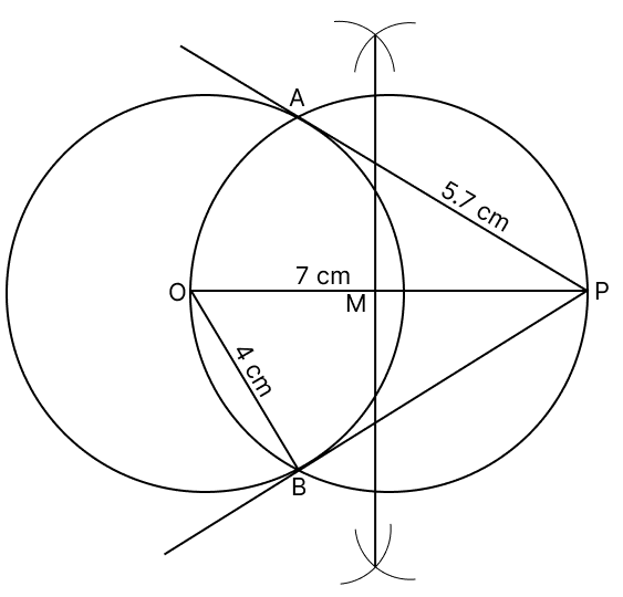 Use ruler and compasses only for answering this question. Draw a circle of radius 4 cm. Mark the centre as O. Mark a point P outside the circle at a distance of 7 cm from the centre. Construct two tangents to the circle from the external point P. Measure and write down the length of any one tangent. Tangent Properties of Circles, RSA Mathematics Solutions ICSE Class 10.