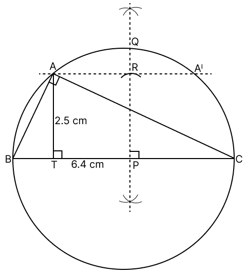 Draw a right-angled ΔABC in which hypotenuse BC = 6.4 cm and the altitude from A on BC is 2.5 cm. Draw the circumcircle of the triangle and measure its radius. Tangent Properties of Circles, RSA Mathematics Solutions ICSE Class 10.