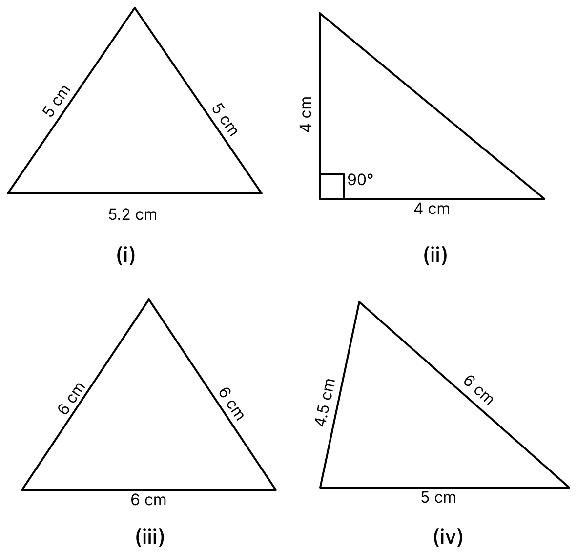 In each of the figures given below state whether the given triangle is equilateral, isosceles or scalene:. Triangles, R.S. Aggarwal Mathematics Solutions ICSE Class 6.