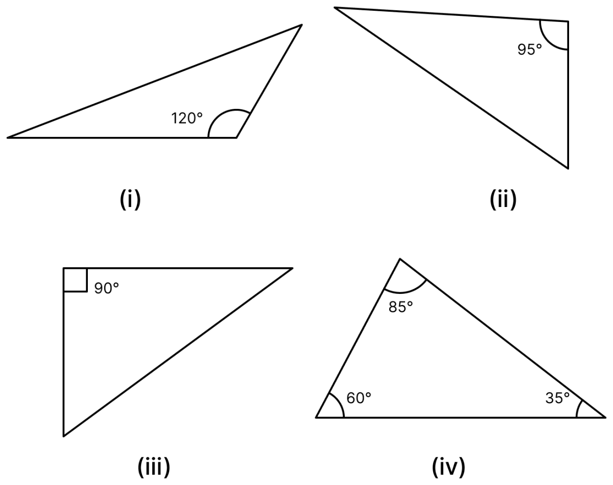 In each of the figures given below state whether the given triangle is acute-angled, right-angled or obtuse-angled:. Triangles, R.S. Aggarwal Mathematics Solutions ICSE Class 6.