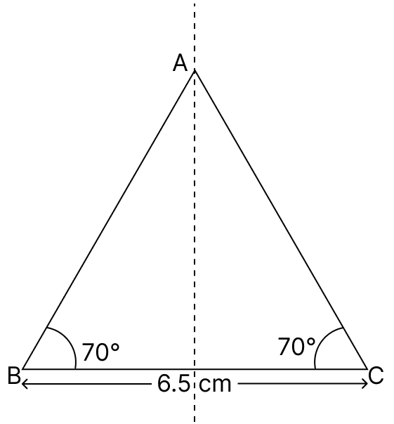 Construct a triangle ABC such that BC = 6.5 cm and ∠B = ∠C = 70°. Draw all possible lines of symmetry. Symmetry, Foundation Mathematics R.S. Aggarwal ICSE Class 7.
