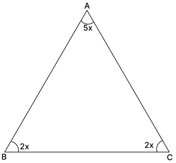 The ratio between the base angle and the vertical angle of an isosceles triangle is 2 : 5. Find each angle of the triangle. Properties of Triangles, Foundation Mathematics R.S. Aggarwal ICSE Class 7.