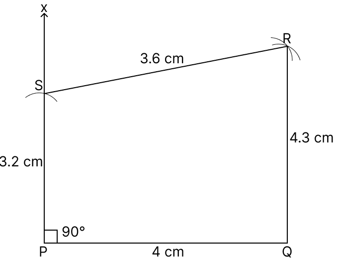 Construct a quadrilateral PQRS in which PQ = 4 cm, ∠P = 90°, QR = 4.3 cm, RS = 3.6 cm and SP = 3.2 cm. Quadrilaterals, R.S. Aggarwal Mathematics Solutions ICSE Class 9.