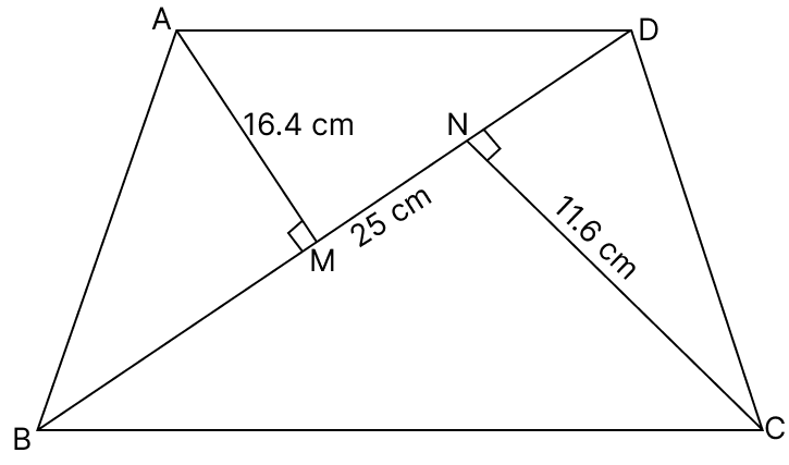 Find the area of a quadrilateral one of whose diagonals is 25 cm and the lengths of perpendiculars from the other two vertices are 16.4 cm and 11.6 cm respectively. ARC Properties of Circle, R.S. Aggarwal Mathematics Solutions ICSE Class 9.