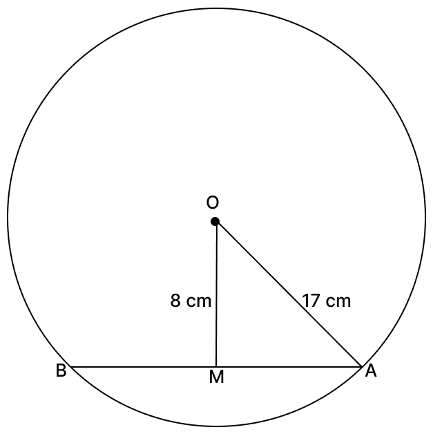If a chord is at a distance of 8 cm from the centre of the circle of radius 17 cm, then the length of the chord will be. Chord Properties of a Circle, R.S. Aggarwal Mathematics Solutions ICSE Class 9.