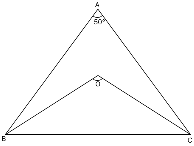In the given figure, the bisectors of ∠B and ∠C intersect each other at O and ∠BAC = 50°. The measure of ∠BOC is. R.S. Aggarwal Mathematics Solutions ICSE Class 9.