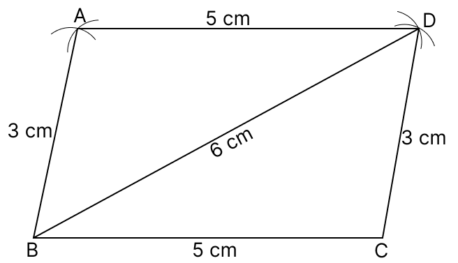 Construct a parallelogram ABCD in which BC = 5 cm, CD = 3 cm and diagonal BD = 6 cm. Quadrilaterals, R.S. Aggarwal Mathematics Solutions ICSE Class 9.