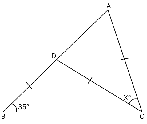 In the given figure, CA = CD = BD; ∠DBC = 35° and ∠DCA = x°. Find the value of x. R.S. Aggarwal Mathematics Solutions ICSE Class 9.