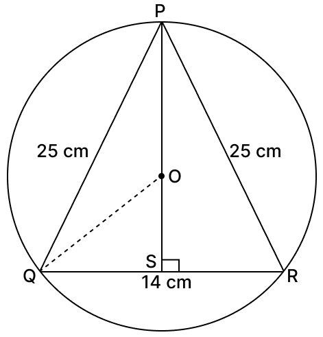 PQR is an isosceles triangle inscribed in a circle. If PQ = PR = 25 cm and QR = 14 cm, calculate the radius of the circle to the nearest cm. Chord Properties of a Circle, R.S. Aggarwal Mathematics Solutions ICSE Class 9.