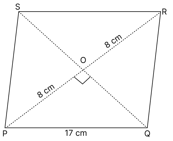 In a rhombus PQRS, side PQ = 17 cm and diagonal PR = 16 cm. Calculate the area of the rhombus. Pythagoras Theorem, R.S. Aggarwal Mathematics Solutions ICSE Class 9.