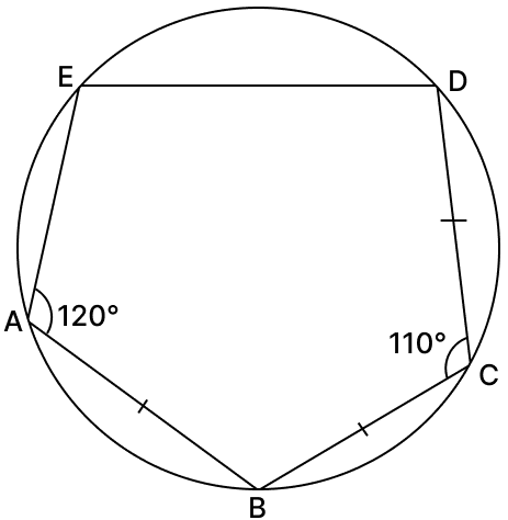 In the given figure, ABCDE is a pentagon inscribed in a circle. If AB = BC = CD, ∠BCD = 110° and ∠BAE = 120°, find. Chord Properties of a Circle, R.S. Aggarwal Mathematics Solutions ICSE Class 9.