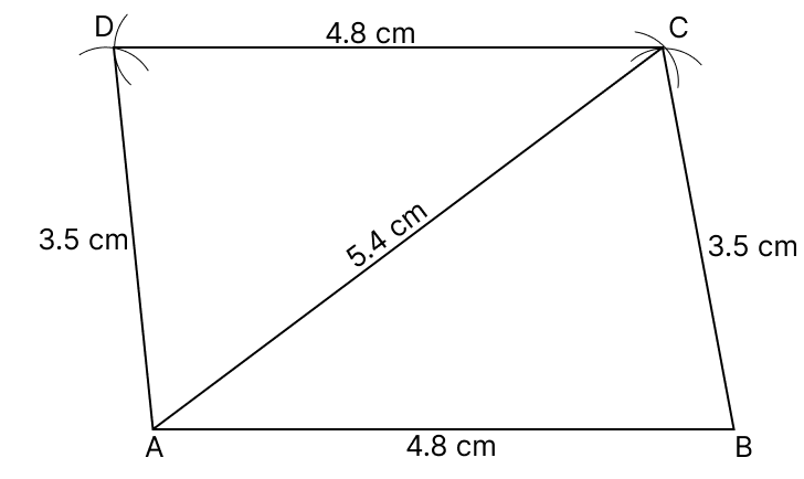 Construct a parallelogram ABCD in which AB = 4.8 cm, BC = 3.5 cm and diagonal AC = 5.4 cm. Quadrilaterals, R.S. Aggarwal Mathematics Solutions ICSE Class 9.