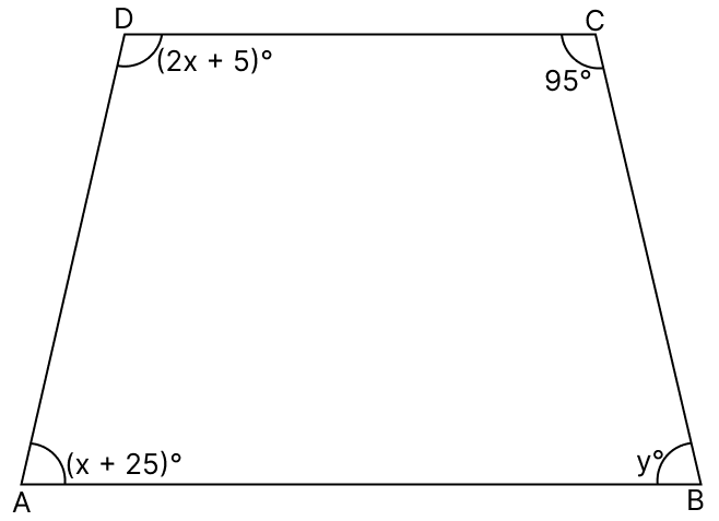 In the given figure, ABCD is a trapezium in which ∠A = (x + 25)°, ∠B = y°, ∠C = 95° and ∠D = (2x + 5)°. Find the values of x and y. Quadrilaterals, R.S. Aggarwal Mathematics Solutions ICSE Class 9.