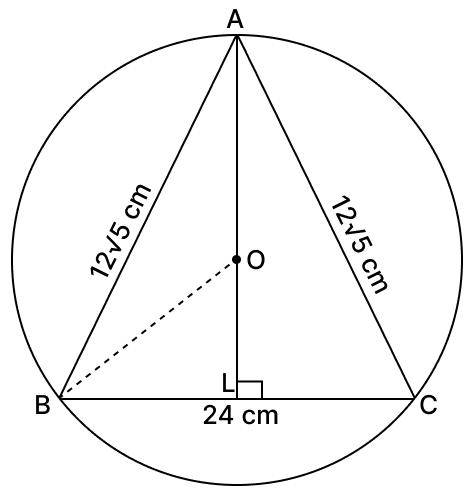 An isosceles △ ABC is inscribed in a circle. If AB = Ac 5 cm and BC = 24 cm, find the radius of the circle. Chord Properties of a Circle, R.S. Aggarwal Mathematics Solutions ICSE Class 9.
