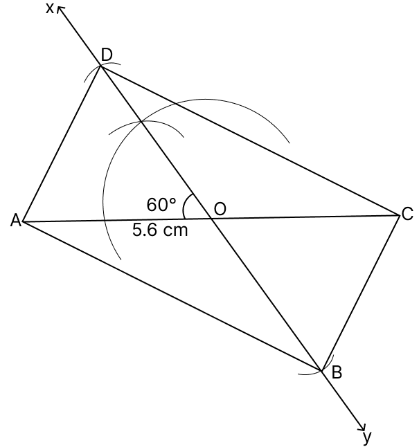 Construct a parallelogram ABCD in which diagonal AC = 5.6 cm, diagonal BD = 6.2 cm and angle between them is 60°. Quadrilaterals, R.S. Aggarwal Mathematics Solutions ICSE Class 9.