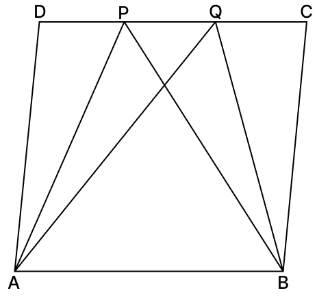 P and Q are two points on the side DC of a ∥ gm ABCD. If the area of ΔPAB is 10 cm, then the area of ΔQAB is. Quadrilaterals, R.S. Aggarwal Mathematics Solutions ICSE Class 9.