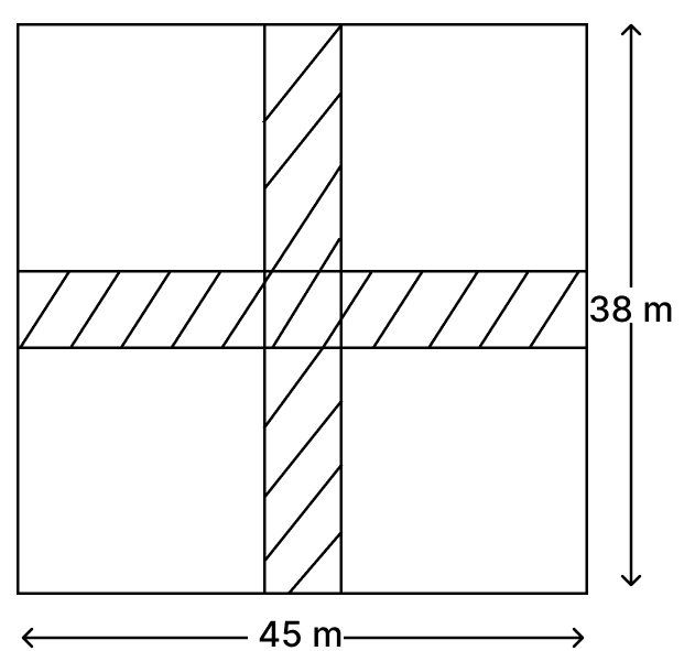 The adjoining diagram shows two cross paths drawn inside a rectangular field 45 m long and 38 m wide, one parallel to length and the other parallel to breadth. The width of each path is 4 m. Find the cost of gravelling the paths at ₹ 5.60 per m. ARC Properties of Circle, R.S. Aggarwal Mathematics Solutions ICSE Class 9.