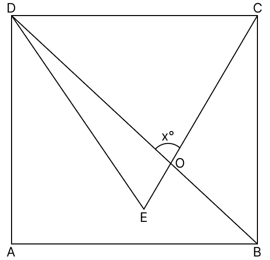 DEC is an equilateral triangle in a square ABCD. If BD and CE intersect at O and ∠COD = x°, find the value of x. Quadrilaterals, R.S. Aggarwal Mathematics Solutions ICSE Class 9.