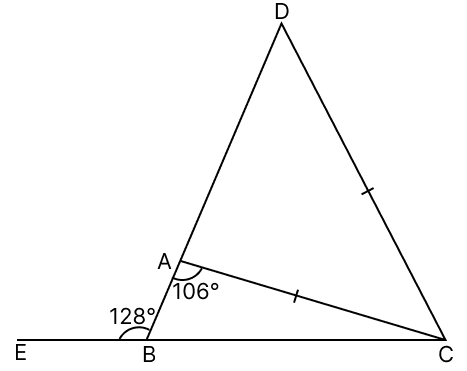 In the given figure, side BA of △ABC has been produced to D such that CD = CA and side CB has been produced to E. If ∠BAC = 106° and ∠ABE = 128°, find ∠BCD. R.S. Aggarwal Mathematics Solutions ICSE Class 9.