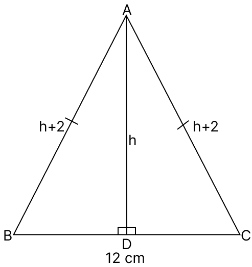 Each of the equal sides of an isosceles triangle is 2 cm more than its height and the base of the triangle is 12 cm. Find the area of the triangle. ARC Properties of Circle, R.S. Aggarwal Mathematics Solutions ICSE Class 9.