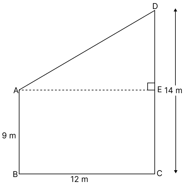 Two poles of height 9 m and 14 m stand vertically on a plane ground. If the distance between their feet is 12 m, find the distance between their tops. Pythagoras Theorem, R.S. Aggarwal Mathematics Solutions ICSE Class 9.