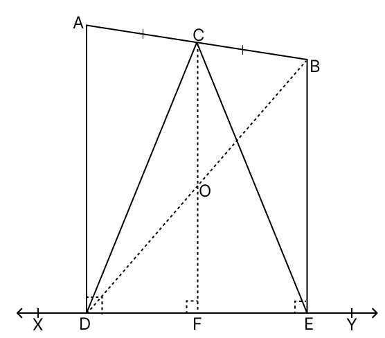 Two points A and B lie on the same side of a line XY. If AD ⊥ XY and BE ⊥ XY meet XY in D and E respectively and C is the mid-point of AB, show that CD = CE. R.S. Aggarwal Mathematics Solutions ICSE Class 9.