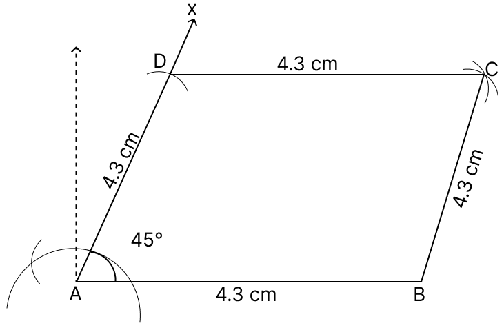 Construct a rhombus ABCD in which AB = 4.3 cm and ∠A = 45°.Quadrilaterals, R.S. Aggarwal Mathematics Solutions ICSE Class 9.