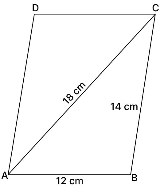 Find the area of parallelogram, if its two adjacent sides are 12 cm and 14 cm, and if the diagonal connecting their ends is 18 cm. ARC Properties of Circle, R.S. Aggarwal Mathematics Solutions ICSE Class 9.
