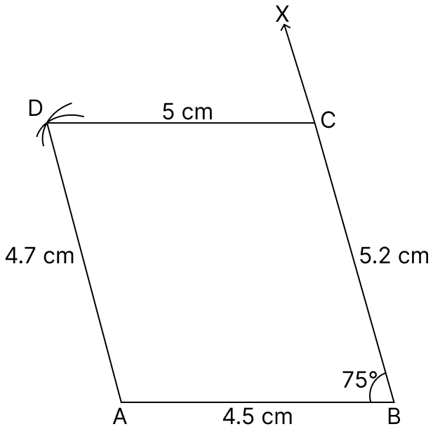 Construct a quadrilateral ABCD in which AB = 4.5 cm, BC = 5.2 cm, CD = 5 cm, DA = 4.7 cm and ∠ABC = 75°. Quadrilaterals, R.S. Aggarwal Mathematics Solutions ICSE Class 9.