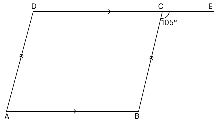 In the given figure, ABCD is a parallelogram. Side DC is produced to E and ∠BCE = 105°. Calculate ∠A, ∠B, ∠C and ∠D. Quadrilaterals, R.S. Aggarwal Mathematics Solutions ICSE Class 9.