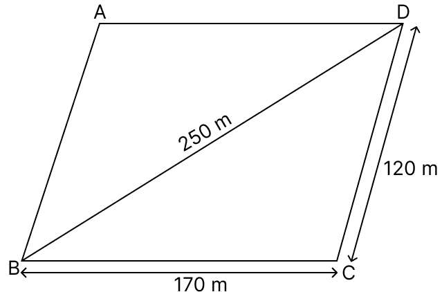 A field is in the shape of parallelogram, whose adjacent sides are 120 m and 170 m. If its one diagonal is 250 m, then cost of ploughing the field at ₹20 per sq m is. ARC Properties of Circle, R.S. Aggarwal Mathematics Solutions ICSE Class 9.