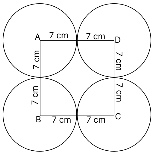 Four circular cardboard pieces, each of radius 7 cm are placed in such a way that each piece touches two other pieces. The area of the space enclosed by the four pieces is. Circumference & Area of a Circle, R.S. Aggarwal Mathematics Solutions ICSE Class 9.