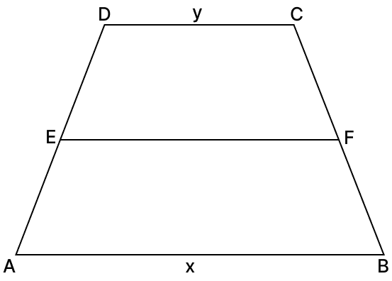In the figure, ABCD is a trapezium with parallel sides AB = x and CD = y. E and F are mid-points of the non-parallel sides AD and BC respectively. The ratio of ar (ABFE) and ar (EFCD) is. Quadrilaterals, R.S. Aggarwal Mathematics Solutions ICSE Class 9.