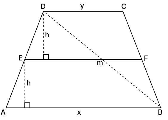 In the figure, ABCD is a trapezium with parallel sides AB = x and CD = y. E and F are mid-points of the non-parallel sides AD and BC respectively. The ratio of ar (ABFE) and ar (EFCD) is. Quadrilaterals, R.S. Aggarwal Mathematics Solutions ICSE Class 9.
